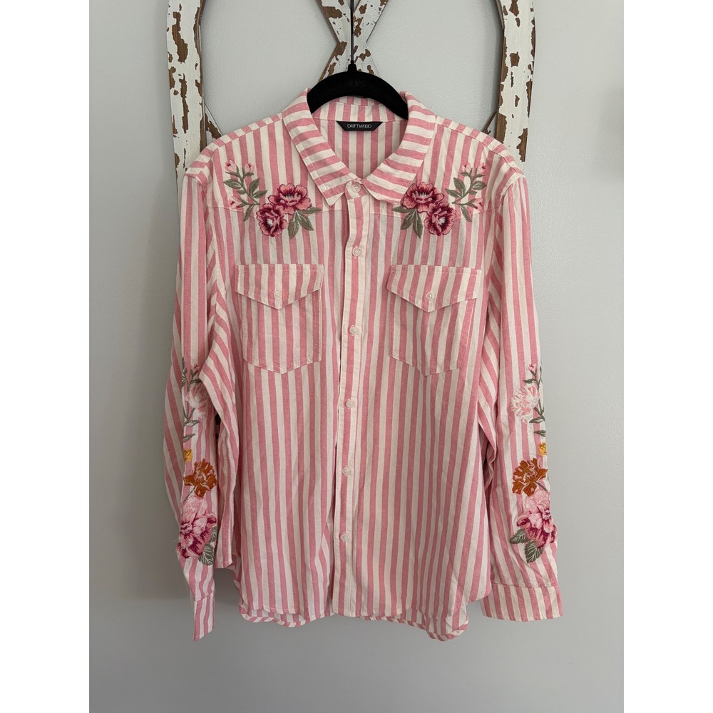 Driftwood Laura Stripe Shirt in pink and white stripes with floral embroidery XL